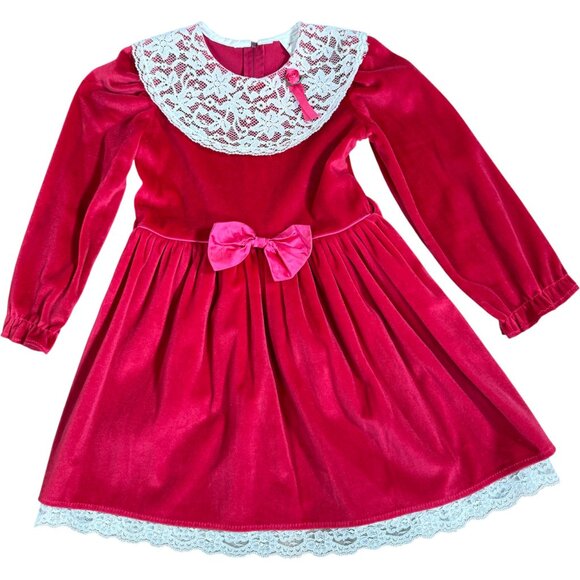 Vintage Kinda Kute Red Pink Velvet Dress Statement Lace Collar Little Girl 6 - Picture 1 of 5